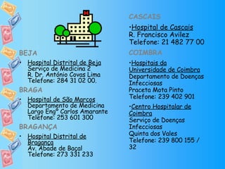 BEJA Hospital Distrital de Beja Serviço de Medicina 2 R. Dr. António Covas Lima Telefone: 284 31 02 00. BRAGA Hospital de São Marcos Departamento de Medicina Largo Engº Carlos Amarante Telefone: 253 601 300 BRAGANÇA Hospital Distrital de Bragança Av. Abade de Baçal Telefone: 273 331 233 CASCAIS Hospital de Cascais R. Francisco Avilez Telefone: 21 482 77 00 COIMBRA Hospitais da Universidade de Coimbra Departamento de Doenças Infecciosas Praceta Mota Pinto Telefone: 239 402 901 Centro Hospitalar de Coimbra Serviço de Doenças Infecciosas Quinta dos Vales Telefone: 239 800 155 / 32 