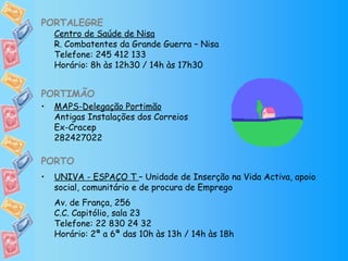 PORTALEGRE Centro de Saúde de Nisa R. Combatentes da Grande Guerra – Nisa Telefone: 245 412 133 Horário: 8h às 12h30 / 14h às 17h30 PORTIMÃO   MAPS-Delegação Portimão Antigas Instalações dos Correios Ex-Cracep 282427022   PORTO UNIVA - ESPAÇO T  – Unidade de Inserção na Vida Activa, apoio social, comunitário e de procura de Emprego Av. de França, 256 C.C. Capitólio, sala 23 Telefone: 22 830 24 32 Horário: 2ª a 6ª das 10h às 13h / 14h às 18h 