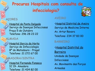 Procuras Hospitais com consulta de infecciologia?   AÇORES Hospital de Ponta Delgada Serviço de Doenças Infecciosas Praça 5 de Outubro Telefone: 296 28 23 22 ALMADA Hospital Garcia da Horta Serviço de Infecciologia Bº do Matadouro - Pragal Telefone: 21 272 67 00 AMADORA/SINTRA Hospital Fernando Fonseca IC 19- Amadora Telefone: 21 434 82 00 AVEIRO Hospital Distrital de Aveiro Serviço de Medicina Interna Av. Artur Ravara Telefone: 234 37 83 00   BARREIRO Hospital Distrital do Barreiro Unidade de Doenças Infecciosas Av. Movimento das Forças Armadas Telefone: 21 204 75 60 