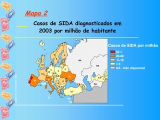 Mapa 2 Casos de SIDA diagnosticados em 2003 por milhão de habitante Casos de SIDA por milhão 50 + 20  - 49 5  - 19  < 5 2 3 5 2 3 8 1 0.6* 3 0.8 8 8 5 11 † 8 4 7 3 3 2 12 31 1 25 3 18 0 5 10 0 9 4 81 9 0* 0.4 3 33 6 31 0 0.7 37 14 0.3* 6 NA NA NA NA NA NA 20   - 49 - 19  < 5 NA - Não disponível Update at  31 December 2003 2 3 5 2 3 8 1 0.6* 3 0.8 8 8 5 11 † 8 4 7 3 3 2 12 31 1 25 3 18 0 5 10 0 9 4 81 9 0* 0.4 3 33 6 31 0 0.7 37 14 0.3* 6 NA NA NA NA NA 2 3 5 2 3 8 1 0.6 * 3 0.8 8 8 5 11 † 8 4 7 3 3 2 12 31 1 25 3 18 0 5 10 0 9 4 81 9 0* 0.4 3 33 6 31 0 0.7 37 14 0.3* 6 NA NA NA NA NA NA 