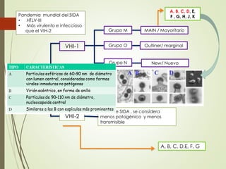 VHI
VHI-1
VHI-2
Pandemia mundial del SIDA
• HTLV-III
• Más virulento e infeccioso
que el VIH-2
Produce SIDA , se considera
menos patogénico y menos
transmisible
Grupo M
Grupo O
Grupo N
A, B, C, D, E,
F , G, H, J, K
A, B, C, D,E, F, G
MAIN / Mayoritario
Outliner/ marginal
New/ Nuevo
 