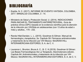 BIBLIOGRAFÍA
• Espitia, N. C. (2017). INFORME DE EVENTO VIH7SIDA, COLOMBIA,
2017. MINSALUD COLOMBIA, 3 - 14.
• Ministerio de Salud y Protección Social, U. (2014). INDICACIONES
PARA INICIAR EL TRATAMIENTO ANTIRRETROVIRAL. Guía de
práctica clínica (GPC) basada en la evidencia científica para la atención
de la infección por VIH/Sida en adolescentes (con 13 años de edad o
más) y adultos., 179 - 232.
• Randa Hilal-Dandan, L. L. (2015). Goodman & Gilman. Manual de
farmacología y terapéutica, 2e. Capítulo 59: Fármacos antirretrovirales
y tratamiento de la infección por VIH Mexico: McGRAW-HILL
INTERAMERICANA EDITORES, S. A. de C. V.
• Laurence L. Brunton, Bruce A. C., B. C. K.(2019). Goodman & Gilman:
Las Bases Farmacológicas De La Terapéutic, Decimotercera edición.
Capítulo 64: Antirretrovirales y tratamiento de la infección por VIH
Mexico: McGRAW-HILL INTERAMERICANA EDITORES, S. A. de C. V.
 