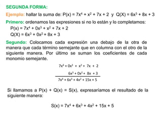 SEGUNDA FORMA:
Ejemplo: hallar la suma de: P(x) = 7x4 + x2 + 7x + 2 y Q(X) = 6x3 + 8x + 3
Primero: ordenamos las expresiones si no lo están y lo completamos:
P(x) = 7x4 + 0x3 + x2 + 7x + 2
Q(X) = 6x3 + 0x2 + 8x + 3
Segundo: Colocamos cada expresión una debajo de la otra de
manera que cada término semejante que en columna con el otro de la
siguiente manera. Por último se suman los coeficientes de cada
monomio semejante.
7x4 + 0x3 + x2 + 7x + 2
6x3 + 0x2 + 8x + 3
7x4 + 6x3 + 4x2 + 15x + 5
Si llamamos a P(x) + Q(x) = S(x), expresaríamos el resultado de la
siguiente manera:
S(x) = 7x4 + 6x3 + 4x2 + 15x + 5
 