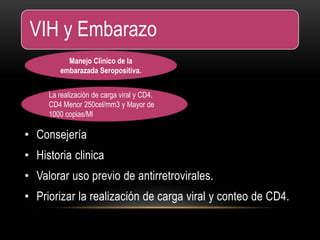 VIH y Embarazo
• Consejería
• Historia clinica
• Valorar uso previo de antirretrovirales.
• Priorizar la realización de carga viral y conteo de CD4.
Manejo Clinico de la
embarazada Seropositiva.
La realización de carga viral y CD4.
CD4 Menor 250cel/mm3 y Mayor de
1000 copias/Ml
 