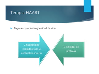 Terapia HAART
 Mejora el pronóstico y calidad de vida
2 nucleósidos
inhibidores de la
antitriptasa inversa
1 inhibidor de
proteasa
 