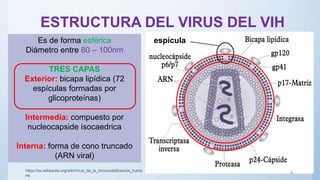 ESTRUCTURA DEL VIRUS DEL VIH
Es de forma esférica
Diámetro entre 80 – 100nm
TRES CAPAS
Exterior: bicapa lipídica (72
espículas formadas por
glicoproteínas)
Intermedia: compuesto por
nucleocapside isocaedrica
Interna: forma de cono truncado
(ARN viral)
espícula
https://es.wikipedia.org/wiki/Virus_de_la_inmunodeficiencia_huma
na
4
 