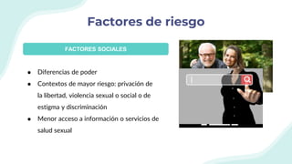 Factores de riesgo
FACTORES SOCIALES
● Diferencias de poder
● Contextos de mayor riesgo: privación de
la libertad, violencia sexual o social o de
estigma y discriminación
● Menor acceso a información o servicios de
salud sexual
 