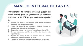 MANEJO INTEGRAL DE LAS ITS
Profesionales de servicios de salud juegan un
papel crucial para la prevención y atención
adecuada de las ITS, ya que son los encargados
de:
1. Proveer y/o referir a las personas para obtener consejería
preventiva o de reducción de riesgos.
2. Evaluar el riesgo de las personas y realizar pruebas de
laboratorio de acuerdo con dicho riesgo.
3. Diagnosticar y tratar a las personas infectadas con alguna ITS.
4. En caso necesario, referirlas a servicios de atención más
especializados.
5. Reportar los casos de ITS de acuerdo con los criterios
establecidos por las autoridades de salud.
6. Cumplir con criterios de confidencialidad en todos los procesos.
 