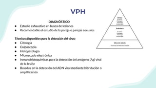 VPH
DIAGNÓSTICO
● Estudio exhaustivo en busca de lesiones
● Recomendable el estudio de la pareja o parejas sexuales
Técnicas disponibles para la detección del virus:
● Citología
● Colposcopía
● Histopatología
● Microscopía electrónica
● Inmunohistoquímicas para la detección del antígeno (Ag) viral
de la lesión
● Basadas en la detección del ADN viral mediante hibridación o
amplificación
 