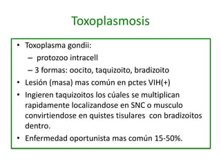 Toxoplasmosis
• Toxoplasma gondii:
   – protozoo intracell
   – 3 formas: oocito, taquizoito, bradizoito
• Lesión (masa) mas común en pctes VIH(+)
• Ingieren taquizoitos los cúales se multiplican
  rapidamente localizandose en SNC o musculo
  convirtiendose en quistes tisulares con bradizoitos
  dentro.
• Enfermedad oportunista mas común 15-50%.
 