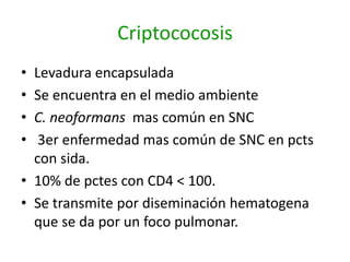 Criptococosis
• Levadura encapsulada
• Se encuentra en el medio ambiente
• C. neoformans mas común en SNC
•  3er enfermedad mas común de SNC en pcts
  con sida.
• 10% de pctes con CD4 < 100.
• Se transmite por diseminación hematogena
  que se da por un foco pulmonar.
 