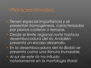  Tienen especial importancia y se
presentan homogéneas, caracterizadas
por planos costeros o terrazas.
 Desde el límite regional norte hasta la
desembocadura del río Andalién
presenta un escaso desarrollo.
 En la desembocadura del río Biobío se
presenta como una llanura inundable.
 Al sur de este río ha influido
notoriamente en la morfología litoral.
 