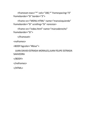 <frameset rows="*" cols="180,*" framespacing="0"
frameborder="SI" border="3">
<frame src="MENU.HTML" name="marcoizquierdo"
frameborder="SI" scrolling="SI" noresize>
<frame src="index.html" name="marcoderecho"
frameborder="SI">
</frameset>
<noframes>
<BODY bgcolor="#blue">
JUAN DAVID ESTRADA MORALES,JUAN FELIPE ESTRADA
SAAVEDRA
</BODY>
</noframes>
</HTML>