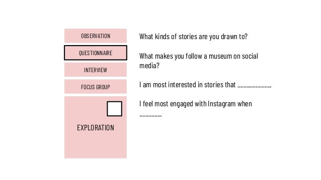 EXPLORATION
FOCUS GROUP
INTERVIEW
QUESTIONNAIRE
OBSERVATION What kinds of stories are you drawn to?
What makes you follow ...