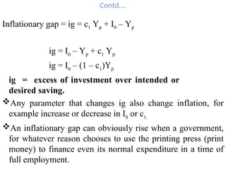 Contd….
Inflationary gap = ig = c1 Yp + I0 – Yp
ig = I0
– Yp + c1
Yp
ig = I0
– (1 – c1
)Yp
ig = excess of investment over intended or
desired saving.
Any parameter that changes ig also change inflation, for
example increase or decrease in I0
or c1.
An inflationary gap can obviously rise when a government,
for whatever reason chooses to use the printing press (print
money) to finance even its normal expenditure in a time of
full employment.
 