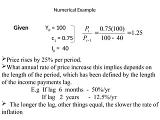 Numerical Example
Given YP
= 100
c1
= 0.75
I0
= 40
25
.
1
40
100
)
100
(
75
.
0
1




t
t
P
P
Price rises by 25% per period.
What annual rate of price increase this implies depends on
the length of the period, which has been defined by the length
of the income payments lag.
E.g If lag 6 months - 50%/yr
If lag 2 years - 12.5%/yr
 The longer the lag, other things equal, the slower the rate of
inflation
 