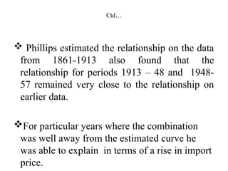 Ctd…
 Phillips estimated the relationship on the data
from 1861-1913 also found that the
relationship for periods 1913 – 48 and 1948-
57 remained very close to the relationship on
earlier data.
For particular years where the combination
was well away from the estimated curve he
was able to explain in terms of a rise in import
price.
 