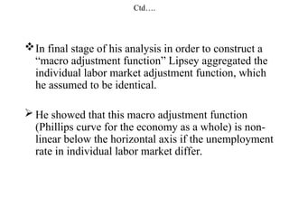 Ctd….
In final stage of his analysis in order to construct a
“macro adjustment function” Lipsey aggregated the
individual labor market adjustment function, which
he assumed to be identical.
 He showed that this macro adjustment function
(Phillips curve for the economy as a whole) is non-
linear below the horizontal axis if the unemployment
rate in individual labor market differ.
 