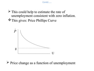 Contd……
 This could help to estimate the rate of
unemployment consistent with zero inflation.
This gives: Price Phillips Curve
P

U
 Price change as a function of unemployment
g
 