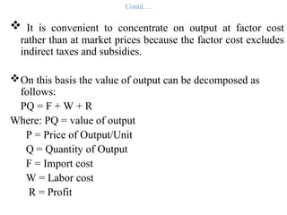 Contd….
 It is convenient to concentrate on output at factor cost
rather than at market prices because the factor cost excludes
indirect taxes and subsidies.
On this basis the value of output can be decomposed as
follows:
PQ = F + W + R
Where: PQ = value of output
P = Price of Output/Unit
Q = Quantity of Output
F = Import cost
W = Labor cost
R = Profit
 