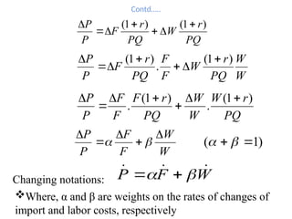 Contd…..
PQ
r
W
PQ
r
F
P
P )
1
(
)
1
( 






W
W
PQ
r
W
F
F
PQ
r
F
P
P )
1
(
.
)
1
( 






PQ
r
W
W
W
PQ
r
F
F
F
P
P )
1
(
.
)
1
(
.







W
W
F
F
P
P 





 )
1
( 
 

Where, α and β are weights on the rates of changes of
import and labor costs, respectively
W
F
P 

 
 

Changing notations:
 
