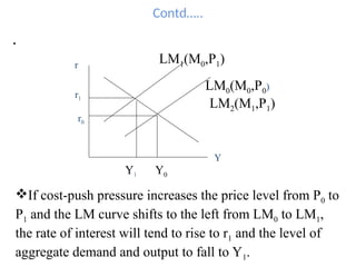 Contd…..
.
LM0(M0,P0)
LM1(M0,P1)
LM2(M1,P1)
Y
r
Y0
Y1
r1
r0
If cost-push pressure increases the price level from P0 to
P1 and the LM curve shifts to the left from LM0 to LM1,
the rate of interest will tend to rise to r1 and the level of
aggregate demand and output to fall to Y1.
 