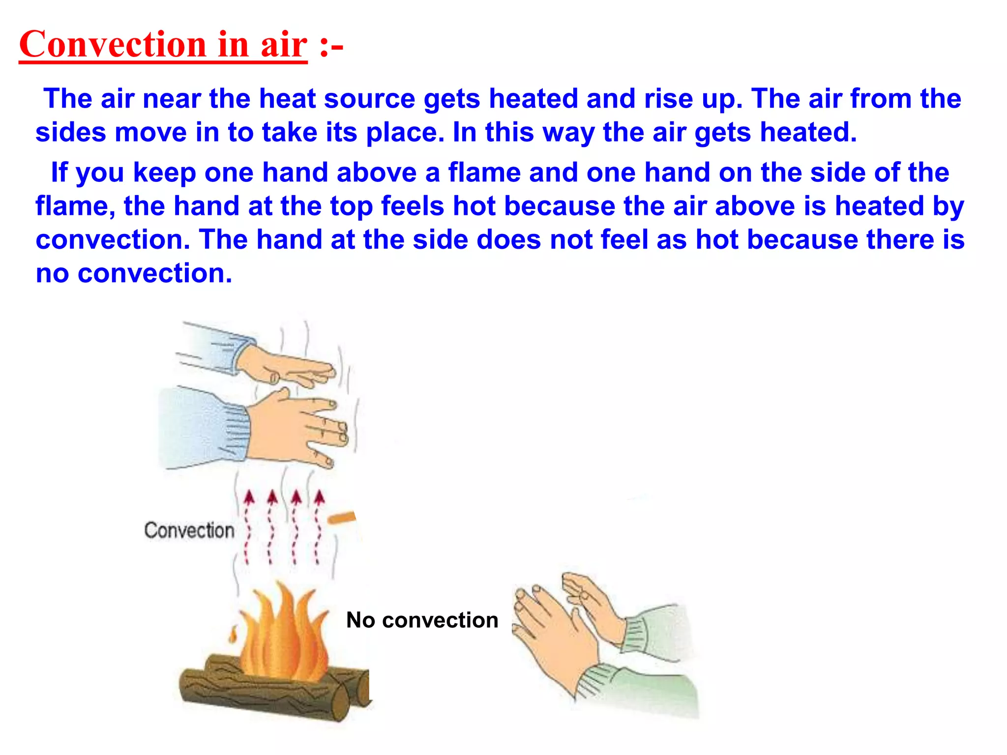 Convection in air :-
The air near the heat source gets heated and rise up. The air from the
sides move in to take its place. In this way the air gets heated.
If you keep one hand above a flame and one hand on the side of the
flame, the hand at the top feels hot because the air above is heated by
convection. The hand at the side does not feel as hot because there is
no convection.
No convection
 