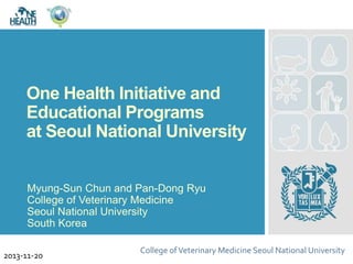 One Health Initiative and
Educational Programs
at Seoul National University
Myung-Sun Chun and Pan-Dong Ryu
College of Veterinary Medicine
Seoul National University
South Korea
2013-11-20

College of Veterinary Medicine Seoul National University

 