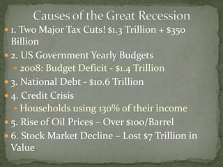  1. Two Major Tax Cuts! $1.3 Trillion + $350
Billion
 2. US Government Yearly Budgets
 2008: Budget Deficit - $1.4 Trillion
 3. National Debt - $10.6 Trillion
 4. Credit Crisis
 Households using 130% of their income
 5. Rise of Oil Prices – Over $100/Barrel
 6. Stock Market Decline – Lost $7 Trillion in
Value
 