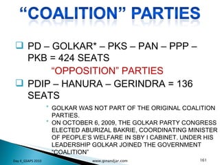 PD – GOLKAR* – PKS – PAN – PPP – PKB = 424 SEATS “ OPPOSITION” PARTIES PDIP – HANURA – GERINDRA = 136 SEATS  GOLKAR WAS NOT PART OF THE ORIGINAL COALITION PARTIES.  ON OCTOBER 6, 2009, THE GOLKAR PARTY CONGRESS ELECTED ABURIZAL BAKRIE, COORDINATING MINISTER OF PEOPLE’S WELFARE IN SBY I CABINET. UNDER HIS LEADERSHIP GOLKAR JOINED THE GOVERNMENT “COALITION”  Day 4_GSAPS 2010 www.ginandjar.com 