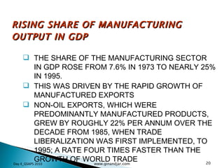 RISING SHARE OF MANUFACTURING OUTPUT IN GDP THE SHARE OF THE MANUFACTURING SECTOR IN GDP ROSE FROM 7.6% IN 1973 TO NEARLY 25% IN 1995.  THIS WAS DRIVEN BY THE RAPID GROWTH OF MANUFACTURED EXPORTS NON-OIL EXPORTS, WHICH WERE PREDOMINANTLY MANUFACTURED PRODUCTS, GREW BY ROUGHLY 22% PER ANNUM OVER THE DECADE FROM 1985, WHEN TRADE LIBERALIZATION WAS FIRST IMPLEMENTED, TO 1995; A RATE FOUR TIMES FASTER THAN THE GROWTH OF WORLD TRADE  Day 4_GSAPS 2010 www.ginandjar.com 