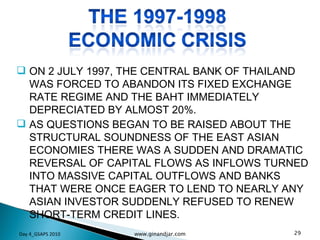 ON 2 JULY 1997, THE CENTRAL BANK OF THAILAND WAS FORCED TO ABANDON ITS FIXED EXCHANGE RATE REGIME AND THE BAHT IMMEDIATELY DEPRECIATED BY ALMOST 20%. AS QUESTIONS BEGAN TO BE RAISED ABOUT THE STRUCTURAL SOUNDNESS OF THE EAST ASIAN ECONOMIES THERE WAS A SUDDEN AND DRAMATIC REVERSAL OF CAPITAL FLOWS AS INFLOWS TURNED INTO MASSIVE CAPITAL OUTFLOWS AND BANKS THAT WERE ONCE EAGER TO LEND TO NEARLY ANY ASIAN INVESTOR SUDDENLY REFUSED TO RENEW SHORT-TERM CREDIT LINES. Day 4_GSAPS 2010 www.ginandjar.com 