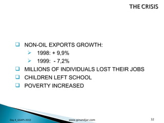 NON-OIL EXPORTS GROWTH: 1998: + 9,9% 1999:  - 7,2% MILLIONS OF INDIVIDUALS LOST THEIR JOBS CHILDREN LEFT SCHOOL POVERTY INCREASED Day 4_GSAPS 2010 www.ginandjar.com 