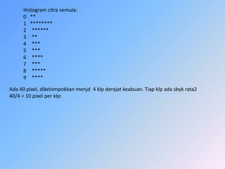 Histogramcitrasemula:0   **1   **************************************Ada 40 pixel, dikelompokkanmenjd  4 klpderajatkeabuan. Tiapklpadasbyk rata2 40/4 = 10 pixel per klp:
