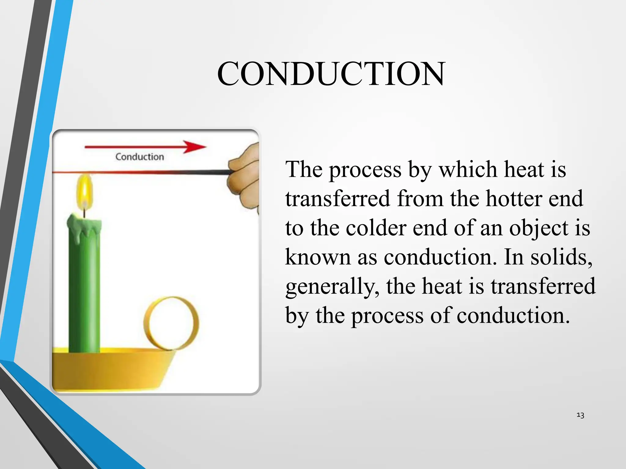 CONDUCTION
The process by which heat is
transferred from the hotter end
to the colder end of an object is
known as conduction. In solids,
generally, the heat is transferred
by the process of conduction.
13
 