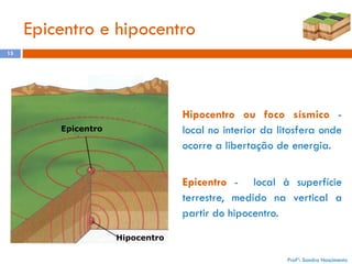 Epicentro e hipocentro
15

Hipocentro ou foco sísmico local no interior da litosfera onde
ocorre a libertação de energia.

Epicentro

Epicentro - local à superfície
terrestre, medido na vertical a
partir do hipocentro.
Hipocentro
Profª: Sandra Nascimento

 