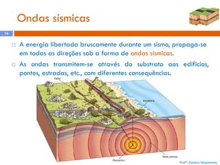 Ondas sísmicas
16





A energia libertada bruscamente durante um sismo, propaga-se
em todas as direções sob a forma de ondas sísmicas.
As ondas transmitem-se através do substrato aos edifícios,
pontes, estradas, etc., com diferentes consequências.

Profª: Sandra Nascimento

 