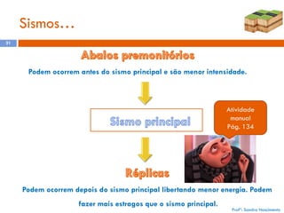 Sismos…
21

Podem ocorrem antes do sismo principal e são menor intensidade.

Atividade
manual
Pág. 134

Podem ocorrem depois do sismo principal libertando menor energia. Podem
fazer mais estragos que o sismo principal.

Profª: Sandra Nascimento

 