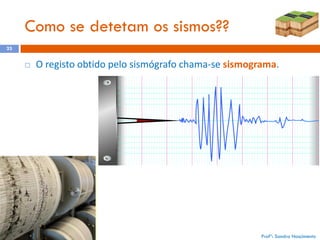 Como se detetam os sismos??
23



O registo obtido pelo sismógrafo chama-se sismograma.

Profª: Sandra Nascimento

 