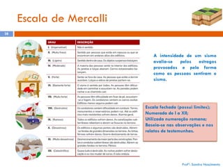 Escala de Mercalli
28

A intensidade de um sismo
avalia-se
pelos
estragos
provocados e pela forma
como as pessoas sentiram o
sismo.

Escala fechada (possui limites);
Numerada de I a XII;
Utilizada numeração romana;
Baseia-se nas observações e nos
relatos de testemunhas.

Profª: Sandra Nascimento

 