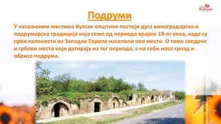 Подруми
У насељеним местима Кулске општине постоји дуга виноградарска и
подрумарска традиција која сеже од периода крајем 18-ог века, када су
први колонисти из Западне Европе населили ово место. О томе сведоче
и грбови места који датирају из тог периода, а на себи носе грозд и
обрисе подрума.
 