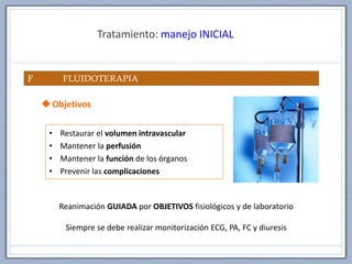 Tratamiento: manejo INICIAL
F FLUIDOTERAPIA
Objetivos
• Restaurar el volumen intravascular
• Mantener la perfusión
• Mantener la función de los órganos
• Prevenir las complicaciones
Reanimación GUIADA por OBJETIVOS fisiológicos y de laboratorio
Siempre se debe realizar monitorización ECG, PA, FC y diuresis
 