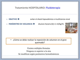 Tratamiento HOSPITALARIO: Fluidoterapia
• ¿Cómo se debe realizar la reposición de volumen en el gran
quemado?
o OBJETIVO  evitar el shock hipovolémico e insuficiencia renal
o PARÁMETRO DE VIGILANCIA  diuresis horaria (0,5-1 ml/kg/h)
Existen múltiples fórmulas
Ninguna es superior a la otra
Se modifican según parámetros hemodinámicos
 