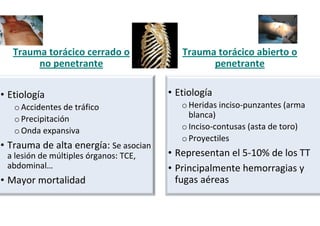 Trauma torácico cerrado o
no penetrante
• Etiología
oAccidentes de tráfico
oPrecipitación
oOnda expansiva
• Trauma de alta energía: Se asocian
a lesión de múltiples órganos: TCE,
abdominal…
• Mayor mortalidad
Trauma torácico abierto o
penetrante
• Etiología
oHeridas inciso-punzantes (arma
blanca)
oInciso-contusas (asta de toro)
oProyectiles
• Representan el 5-10% de los TT
• Principalmente hemorragias y
fugas aéreas
 
