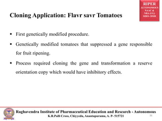 RIPER
AUTONOMOUS
NAAC &
NBA (UG)
SIRO- DSIR
Raghavendra Institute of Pharmaceutical Education and Research - Autonomous
K.R.Palli Cross, Chiyyedu, Anantapuramu, A. P- 515721
Cloning Application: Flavr savr Tomatoes
 First genetically modified procedure.
 Genetically modified tomatoes that suppressed a gene responsible
for fruit ripening.
 Process required cloning the gene and transformation a reserve
orientation copy which would have inhibitory effects.
36
 