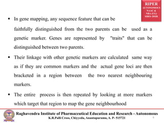 RIPER
AUTONOMOUS
NAAC &
NBA (UG)
SIRO- DSIR
Raghavendra Institute of Pharmaceutical Education and Research - Autonomous
K.R.Palli Cross, Chiyyedu, Anantapuramu, A. P- 515721
 In gene mapping, any sequence feature that can be
faithfully distinguished from the two parents can be used as a
genetic marker. Genes are represented by "traits" that can be
distinguished between two parents.
 Their linkage with other genetic markers are calculated same way
as if they are common markers and the actual gene loci are then
bracketed in a region between the two nearest neighbouring
markers.
 The entire process is then repeated by looking at more markers
which target that region to map the gene neighbourhood
6
 