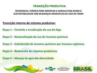 TRANSIÇÃO PRODUTIVA
         REFERENCIAL TEÓRICO PARA ORIENTAR A AGRICULTURA RUMO À
        SUSTENTABILIDADE SOB MUDANÇAS GRADATIVAS DE USO DA TERRA


Transição interna do sistema produtivo:

Etapa 1 – Controle e erradicação do uso do fogo

Etapa 2 – Racionalização do uso de insumos químicos

Etapa 3 – Substituição de insumos químicos por insumos orgânicos

Etapa 4 – Redesenho de sistemas produtivos

Etapa 5 – Manejo da agro-bio-diversidade
 