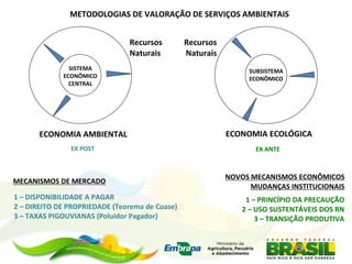 METODOLOGIAS DE VALORAÇÃO DE SERVIÇOS AMBIENTAIS


                               Recursos         Recursos
                               Naturais         Naturais
               SISTEMA                                          SUBSISTEMA
             ECONÔMICO                                          ECONÔMICO
               CENTRAL




       ECONOMIA AMBIENTAL                                  ECONOMIA ECOLÓGICA
               EX POST                                            EX ANTE



                                                           NOVOS MECANISMOS ECONÔMICOS
MECANISMOS DE MERCADO
                                                                 MUDANÇAS INSTITUCIONAIS
1 – DISPONIBILIDADE A PAGAR                                     1 – PRINCÍPIO DA PRECAUÇÃO
2 – DIREITO DE PROPRIEDADE (Teorema de Coase)                  2 – USO SUSTENTÁVEIS DOS RN
3 – TAXAS PIGOUVIANAS (Poluidor Pagador)                           3 – TRANSIÇÃO PRODUTIVA
 