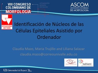 Identificación de Núcleos de las
  Células Epiteliales Asistido por
            Ordenador

Claudia Mazo, Maria Trujillo and Liliana Salazar
    claudia.mazo@correounivalle.edu.co
 