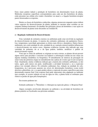 Estes sinais podem induzir a produção de hormônios em determinados locais da planta. 
Moléculas receptoras específicas correspondentes para cada um dos hormônios de planta, 
estão presentes nas células alvo (onde o hormônio vai atuar) e, a ligação hormônio-receptor 
parece desencadear as respostas. 
Dentre as classes de hormônios conhecidas, algumas promovem enquanto outras inibem 
vários aspectos do desenvolvimento da planta, podendo as mesmas atuar sozinhas ou em 
conjunto (balanço hormonal). Os detalhes das principais classes de hormônios e suas ações no 
desenvolvimento da planta serão discutidos na Unidade IX. 
194 
c) Regulação Ambiental do Desenvolvimento 
Uma variedade de estímulos externos ou ambientais pode estar envolvida na regulação 
do desenvolvimento da planta. A maioria dos estímulos ambientais são parâmetros físicos. 
Luz, temperatura e gravidade apresentam os efeitos mais óbvios e dramáticos. Outros fatores 
ambientais, tais como umidade do solo, umidade do ar e nutrição mineral também influenciam 
o desenvolvimento em muitos casos. Algumas evidências recentes têm indicado que uma 
variedade de poluentes do ar e da água podem, também, modificar o padrão de 
desenvolvimento vegetal. 
Visto que os sinais do ambiente se originam no meio externo, as plantas devem possuir 
alguns meios para perceber e converter (ou traduzir) a informação contida em tais sinais em 
alguma mudança metabólica ou bioquímica. O entendimento da natureza da percepção do 
sinal é uma das primeiras etapas no entendimento das cadeias de eventos que levam à resposta 
final. Atualmente, muitas evidências indicam que a maioria dos estímulos ambientais, se não 
todos, agem, pelo menos em parte, modificando a atividade hormonal e, ou a expressão 
gênica (ver exemplo abaixo). Os estímulos ambientais (luz, redução na umidade do solo, 
temperatura, etc.) provocam aumento nos níveis de determinados hormônios (como ácido 
abscísico, giberelinas, etc.), os quais podem alterar a expressão de genes específicos para uma 
determinada resposta final. Esta resposta final pode representar uma adaptação ao ambiente 
(por exemplo, se ocorrer redução no teor de água no solo, a planta fecha os estômatos para 
reduzir as perdas de água pela transpiração). 
Em resumo podemos ter: 
Estímulo ambiental  ­Hormônio  Alteração na expressão gênica  Resposta Final 
Alguns exemplos envolvendo alterações no ambiente e na atividade de hormônios de 
plantas poderão ser focalizados nas próximas unidades. 
 